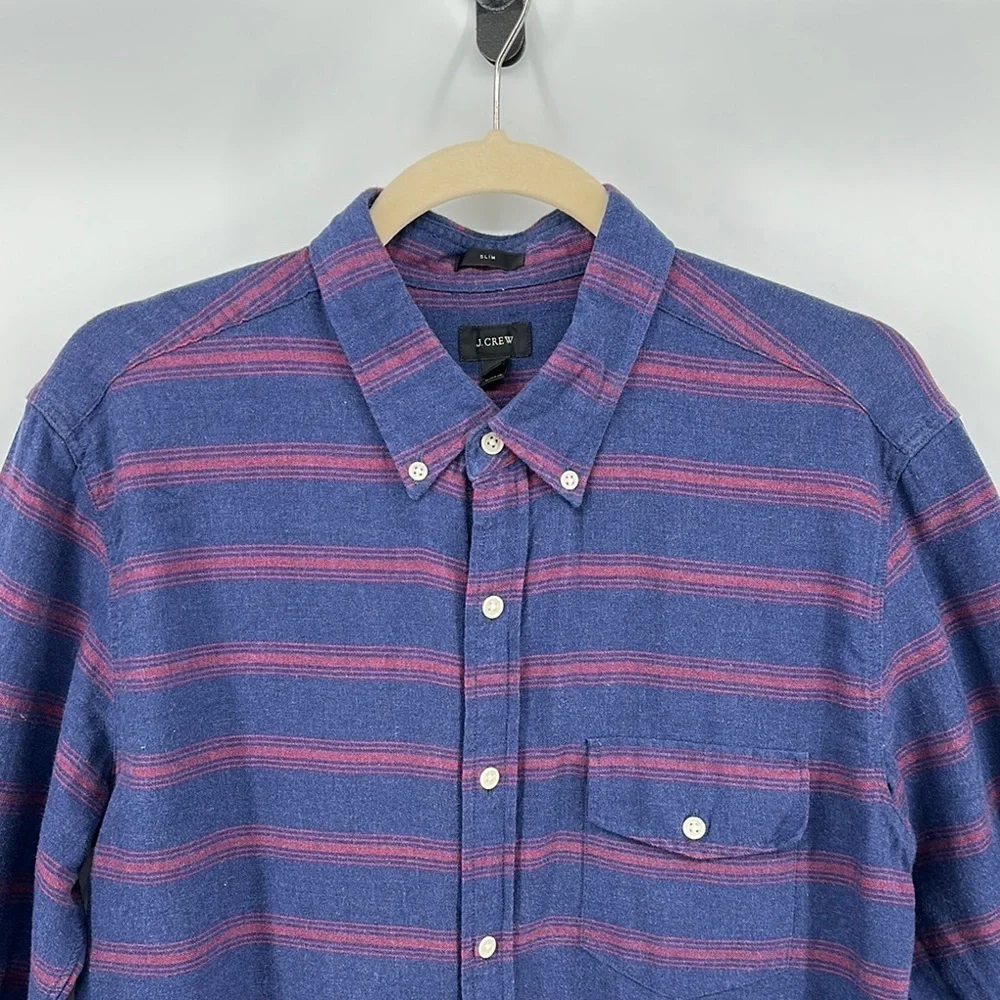 J Crew Mens Slim Fit‎ Cotton Button Down Shirt Navy Red Stripes Size Large